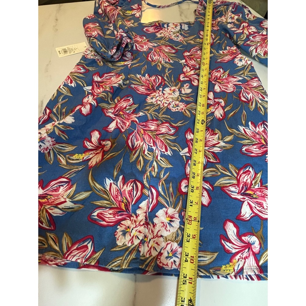A New Day Blue Floral Cotton Linen Square Neck Puff Sleeve Mini Dress L NEW - Picture 10 of 10